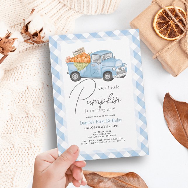Blue Pumpkin Truck Gingham Boy 1st Birthday Invitation (Creator Uploaded)
