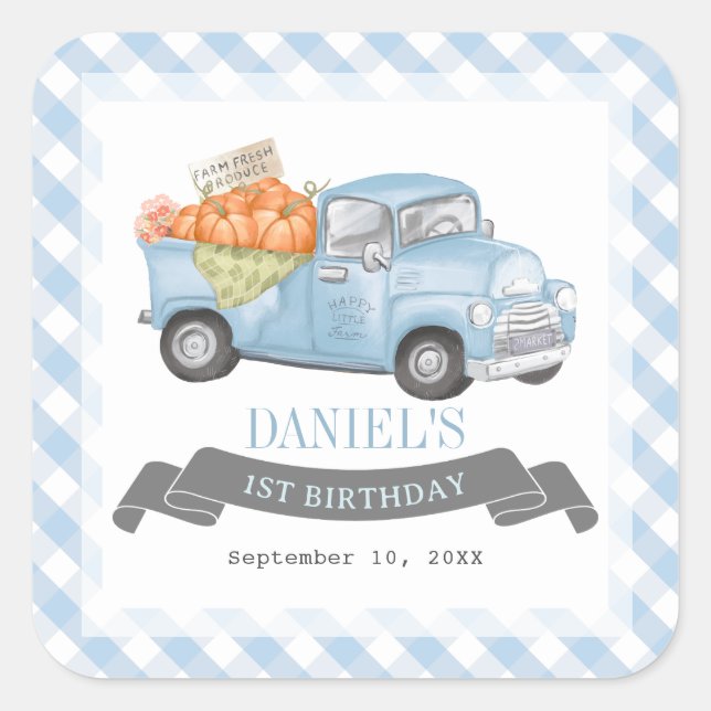 Blue Pumpkin Truck Gingham Boy 1st Birthday Square Sticker (Front)