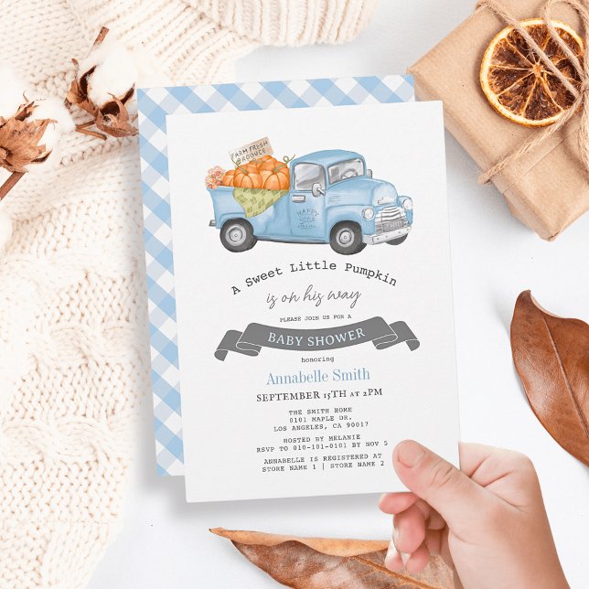 Blue Pumpkin Truck Gingham Boy Baby Shower Invitation (Creator Uploaded)