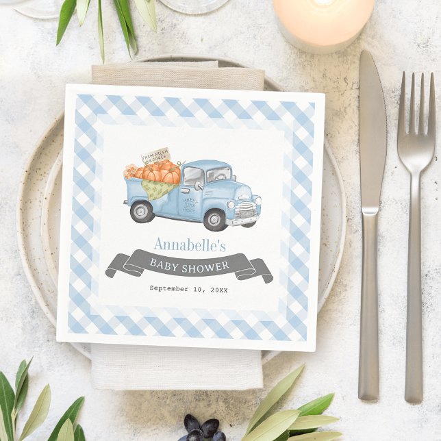 Blue Pumpkin Truck Gingham Boy Baby Shower Napkin (Creator Uploaded)