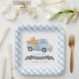Blue Pumpkin Truck Gingham Boy Baby Shower Paper Plate
