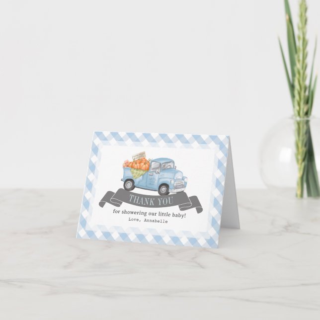 Blue Pumpkin Truck Gingham Boy Baby Shower Thank You Card (Front)