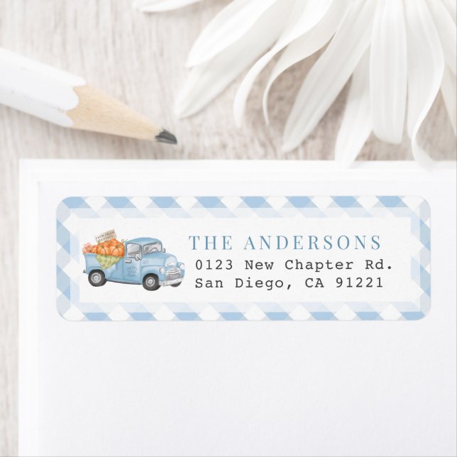 Blue Pumpkin Truck Gingham Return Address (Insitu)