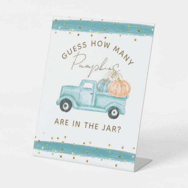 Blue Pumpkin Truck Guess Pumpkin Baby Shower Game Pedestal Sign (Front)