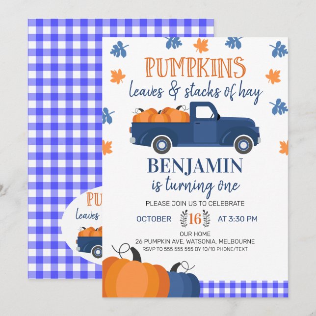 Blue Pumpkin Truck Pumpkin Leaves And Hay Birthday Invitation (Front/Back)