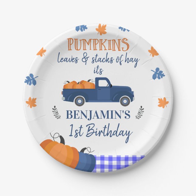 Blue Pumpkin Truck Pumpkin Leaves And Hay Birthday Paper Plate (Front)