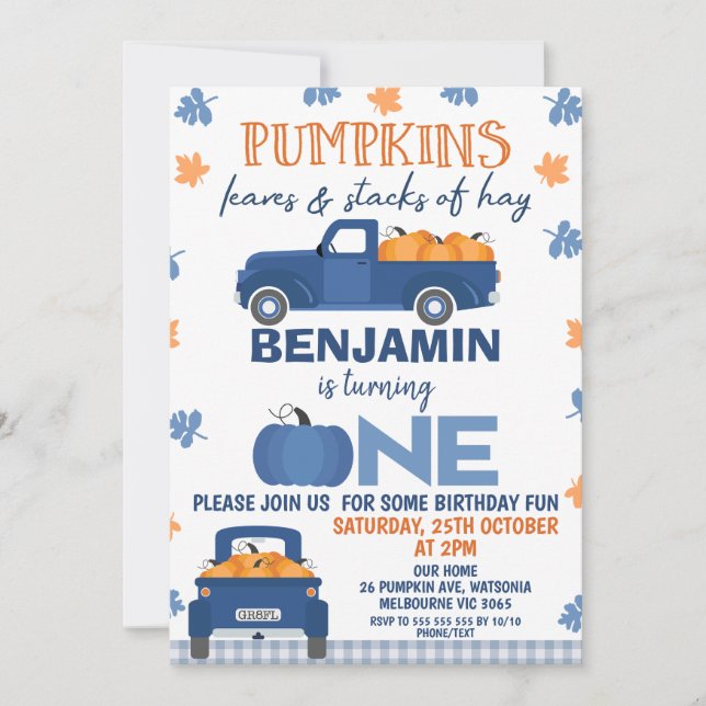 Blue Pumpkin Truck Pumpkin Leaves Hay 1st Birthday Invitation (Front)