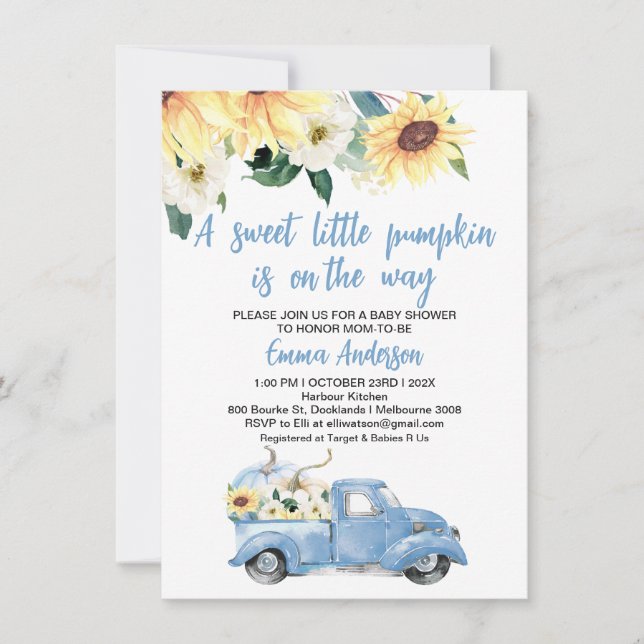 Blue Pumpkin Truck Sunflowers Baby Shower  Invitation (Front)
