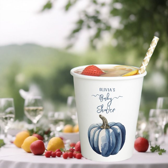 Blue Pumpkin Watercolor Boho Baby Boy Shower Paper Cups (Creator Uploaded)