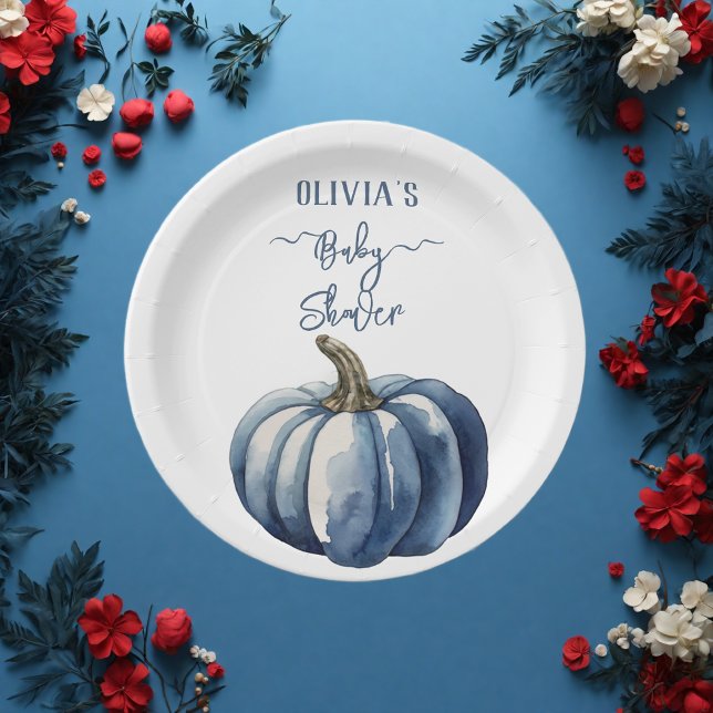 Blue Pumpkin Watercolor Boho Baby Boy Shower Paper Plate (Creator Uploaded)
