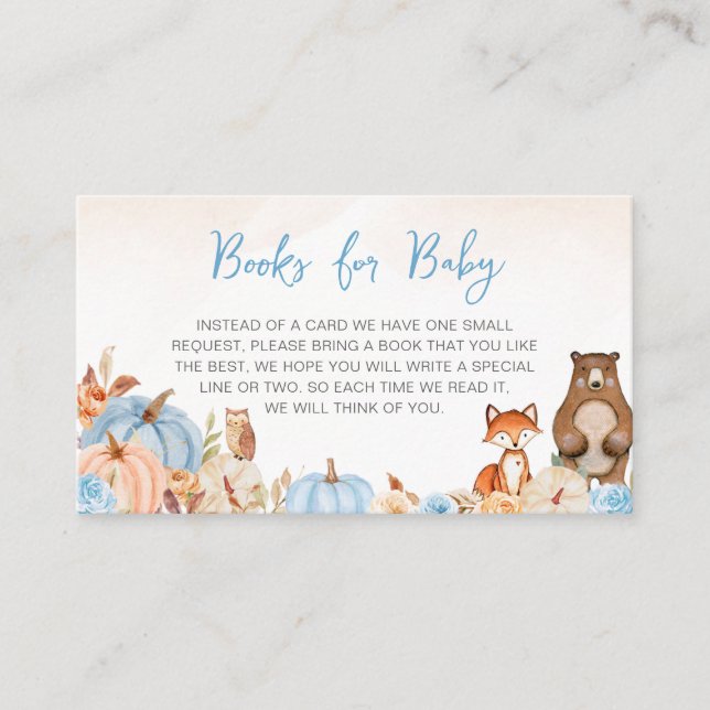 Blue Pumpkin Woodland Baby Shower Books for Baby Enclosure Card (Front)