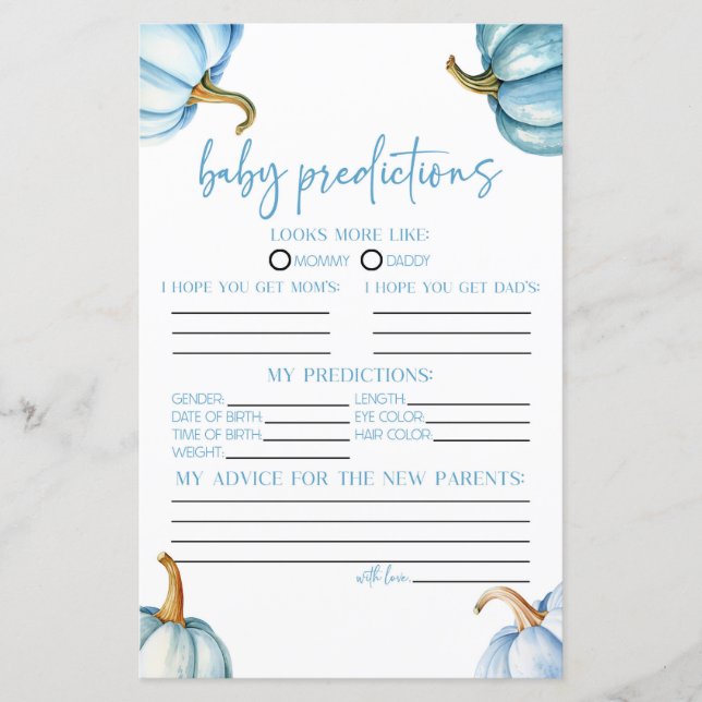 Blue Pumpkins Fall Baby Shower Predictions Game (Front)