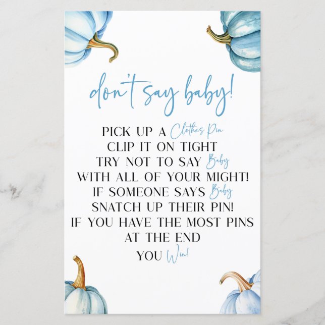 Blue Pumpkins Fall Don't Say Baby Shower Game (Front)