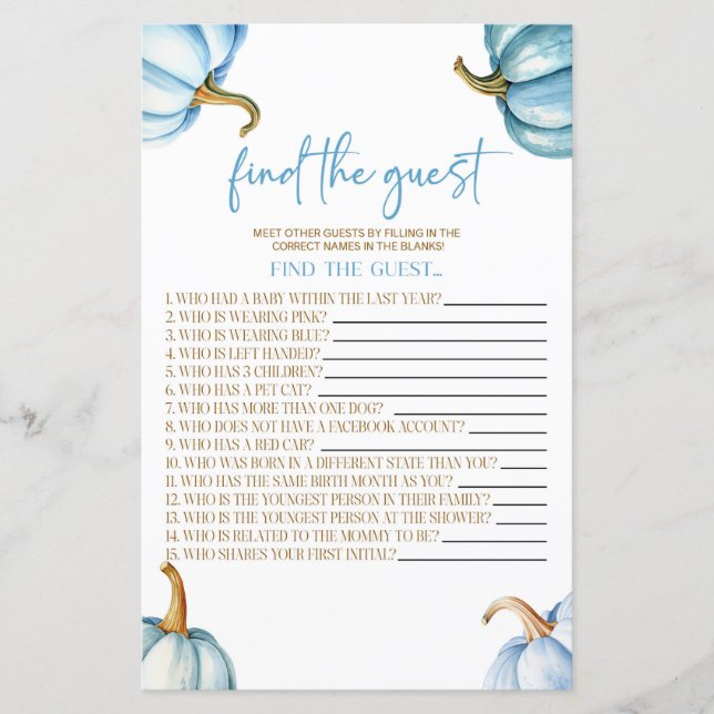 Blue Pumpkins Fall Find The Guest Baby Shower Game (Front)