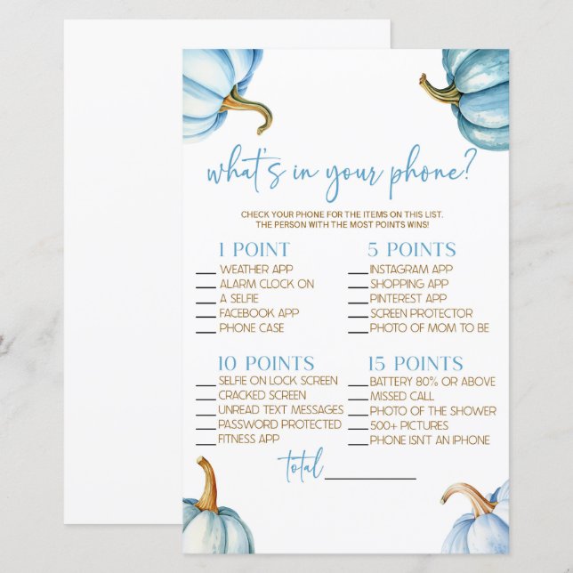 Blue Pumpkins Fall In Your Phone Baby Shower Game (Front/Back)