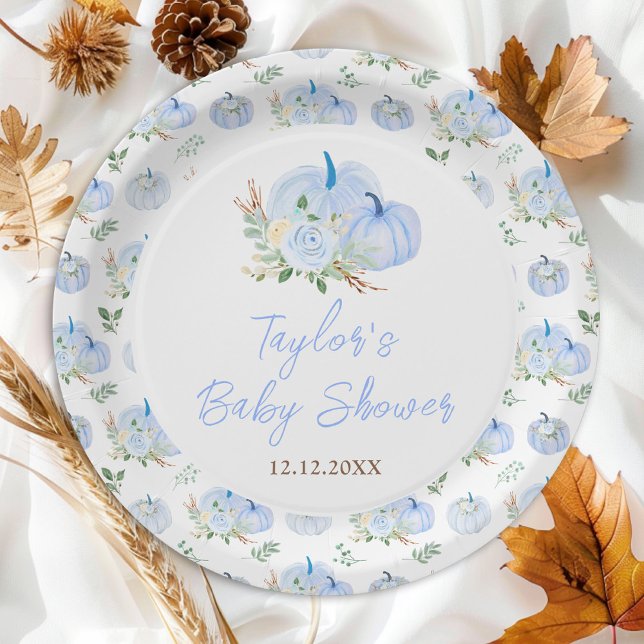 Blue Pumpkins Floral Baby Shower Paper Plate (Creator Uploaded)
