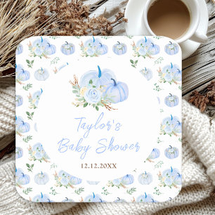 Blue Pumpkins Floral Baby Shower Square Paper Coaster