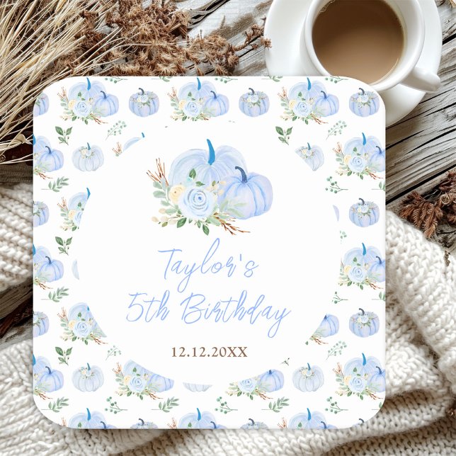 Blue Pumpkins Floral Birthday Party Square Paper Coaster (Creator Uploaded)
