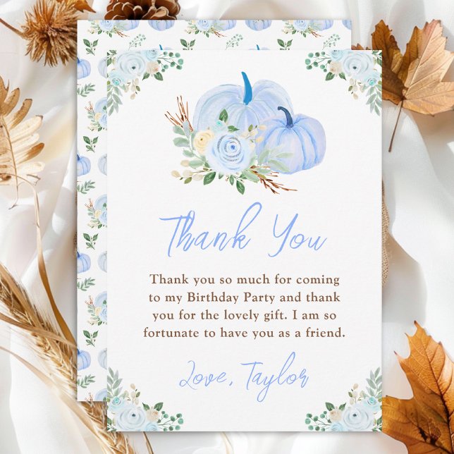Blue Pumpkins Floral Birthday Party Thank You Card (Creator Uploaded)