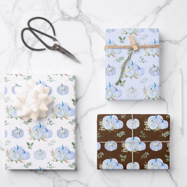Blue Pumpkins Floral Wrapping Paper Sheet (Front)