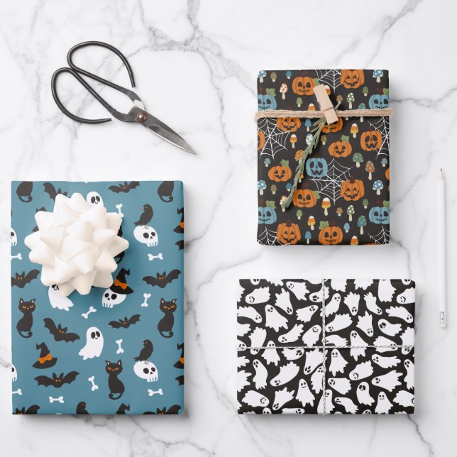 Blue Pumpkins Ghosts Skulls Halloween Patterns Wrapping Paper Sheet (Front)