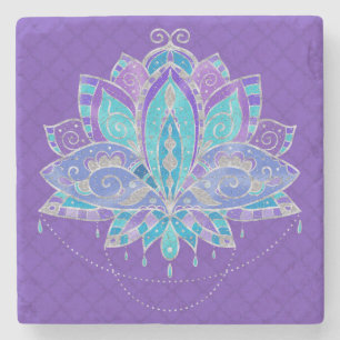 Blue , Puple Teal Lotus with Silver Accents Stone Coaster