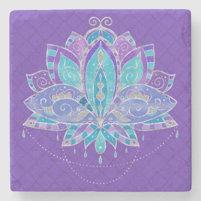 Blue , Puple Teal Lotus with Silver Accents Stone Coaster (Front)