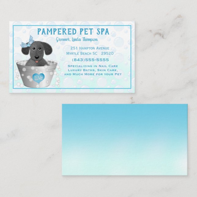 Blue Puppy in Tub Pet Groomer Business Card (Front/Back)
