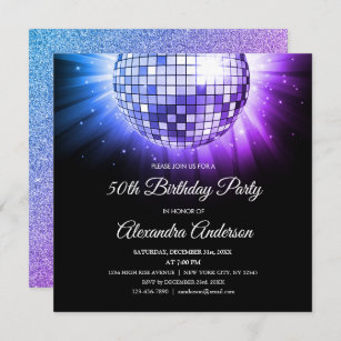 Blue Purple 50th Birthday Party Disco Ball Invitation