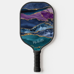 Blue Purple Abstract Gold Glitter Monogram Pickleball Paddle