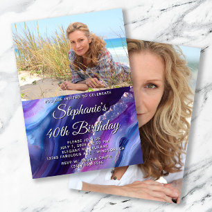 Blue Purple Agate Elegant Photo 40th Birthday Invitation