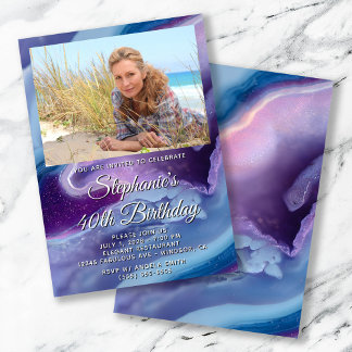 Blue Purple Agate Geode Photo Border 40th Birthday Invitation