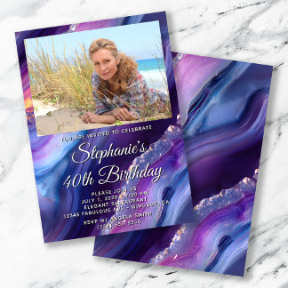 Blue Purple Agate Photo Border 40th Birthday Invitation