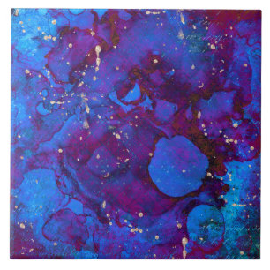Blue purple alcohol ink with faux golden splashes tile