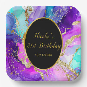Blue, Purple and Gold Ink Birthday Party Paper Plate