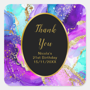Blue, Purple and Gold Ink Birthday Party Square Sticker