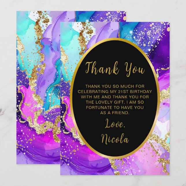 Blue, Purple and Gold Ink Birthday Party Thank You Card (Front/Back)