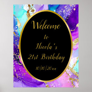 Blue, Purple and Gold Ink Birthday Party Welcome Poster