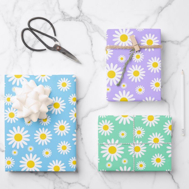 Blue, Purple and Green Mixed Spring Daisies Wrapping Paper Sheet (Front)