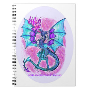 Blue purple and pink dragon flying, breathing fire notebook