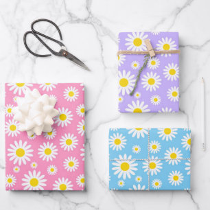 Blue, Purple and Pink Mixed Spring Daisies Wrapping Paper Sheet