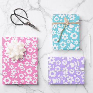 Blue, Purple and Pink Mixed Spring Flowers Wrapping Paper Sheet