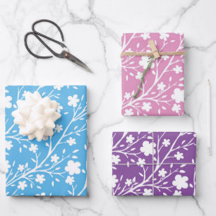 Blue, Purple and Pink Multi Coloured Spring Flower Wrapping Paper Sheet