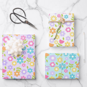 Blue, Purple and Pink Multi Coloured Spring Flower Wrapping Paper Sheet