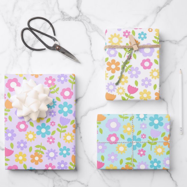 Blue, Purple and Pink Multi Coloured Spring Flower Wrapping Paper Sheet (Front)