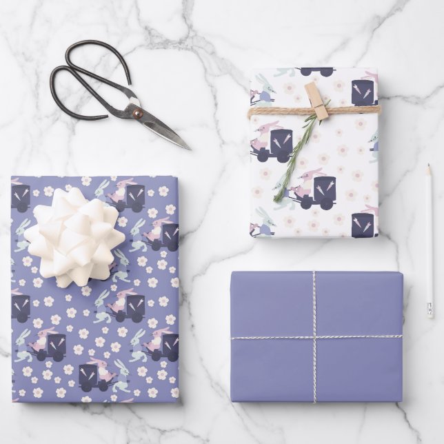 Blue, Purple and White Bunny Rabbits Easter Wrapping Paper Sheet (Front)