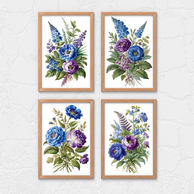 Blue Purple Antique Vintage Florals  (Blue Purple Floral Watercolor Vintage Wall Art set of 2, 3 or 4 prints)