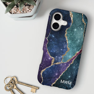 Blue Purple Aqua Gold Veins Agate Monogram