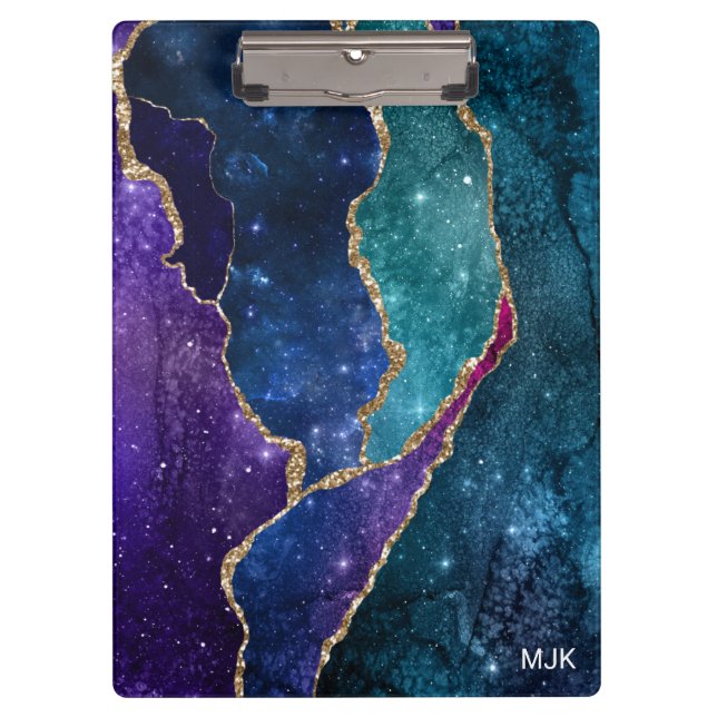 Blue Purple Aqua Gold Veins Agate Monogram Clipboard (Front)