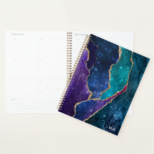 Blue Purple Aqua Gold Veins Agate Monogram Planner
